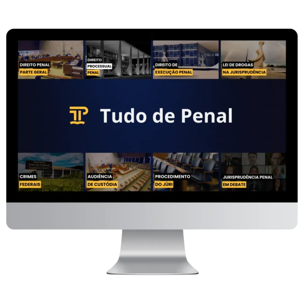 Mockup iMac com a plataforma Tudo de Penal e miniaturas de aulas